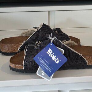 NWT: Birki's Zurich Slide Sandals Check Fur Gray